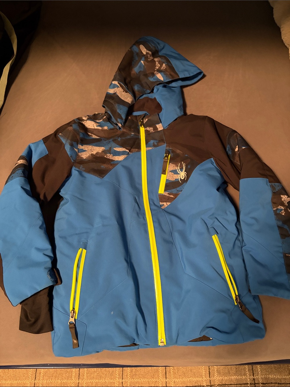 Spyder Kids Blue and Black Hooded Puffer with Yellow Zippers
